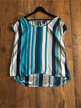 Lucky Brand Teal, Navy & White Striped Cap Sleeve Blouse